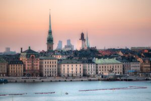 Gamla Stan skyline i solnedgangen