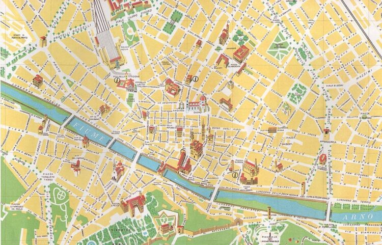 Kort over de centrale dele af Firenze