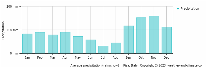 Average precipitation (rain/snow) in Pisa, Italy