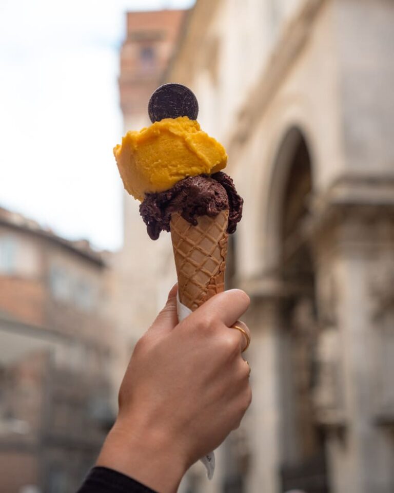Gelato fra Venchi med mørk chokolade og mangosorbet